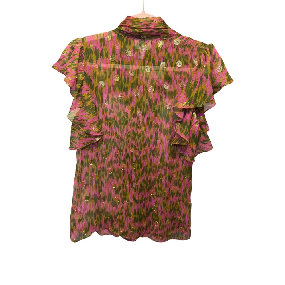 Milly of New York Silk Tie Neck Ruffle Blouse Pink Green Gold Metallic Luxe  2 - Picture 8 of 10